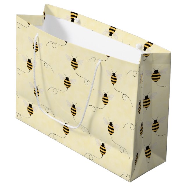 Grand Sac Cadeau Black Yellow Gold Bees Baby Shower (Devant Angle)