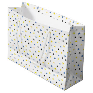 GRAND SAC CADEAU BLANC AVEC ÉTOILES BLEUES ET JAUNES