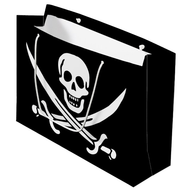 Grand Sac Cadeau Blanc, Drapeau Pirate Calico Jack, Crâne & Cutlass (Devant Angle)