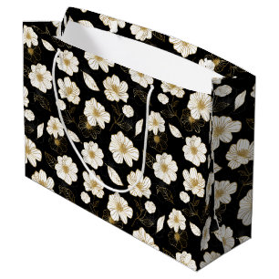 Grand Sac Cadeau Blanc et floral noir or