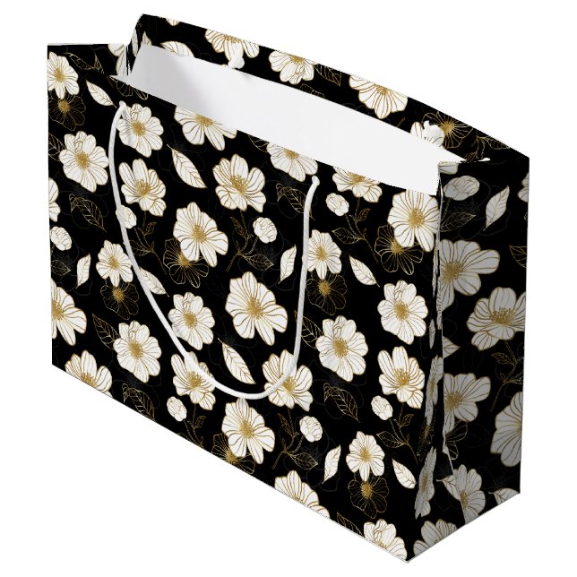 Grand Sac Cadeau Blanc et or Floral Noir (Dos Angle)
