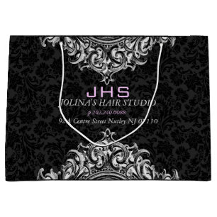 Grand Sac Cadeau Blanc Sur Ornement Floral Vintage Noir