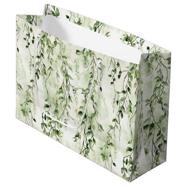 Grand Sac Cadeau Blanc Vert Ivy Feuilles Wild Jungle Anniversaire (Devant Angle)