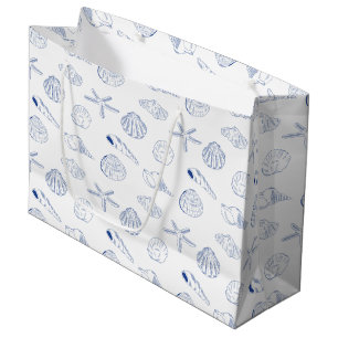 Grand Sac Cadeau Bleu blanc Main dessinée Sea Shells Plage Été