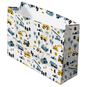 Grand Sac Cadeau Bleu Camions de construction et Motif à thème du s