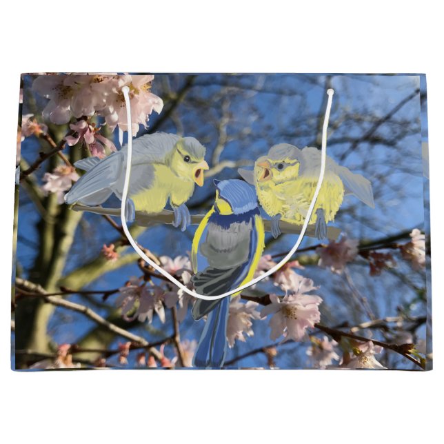 Grand Sac Cadeau Bleu Chickadee Mère et Bébés Pâques (Devant)