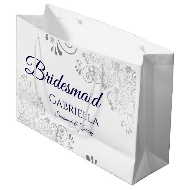 Grand Sac Cadeau Bleu de la marine en dentelle d'argent sur le Mari (Devant Angle)