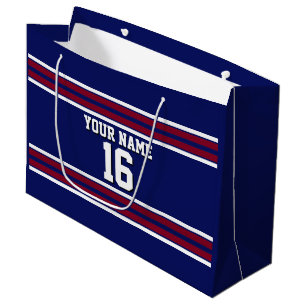 Grand Sac Cadeau Bleu de marine avec Burgundy White Stripes Team Je