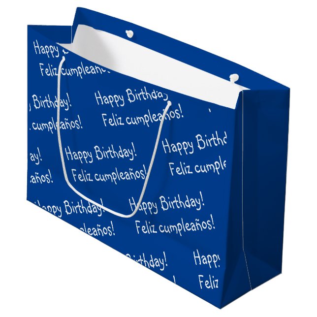 Grand Sac Cadeau Bleu et blanc Bilingue Joyeux anniversaire (Devant Angle)