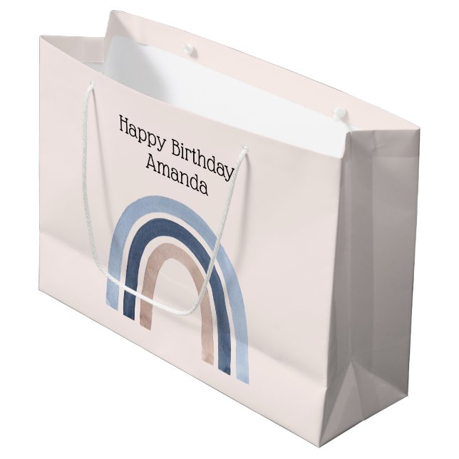 Grand Sac Cadeau Bleu et Pêche Arc-en-ciel Design Boho Anniversaire (Devant Angle)