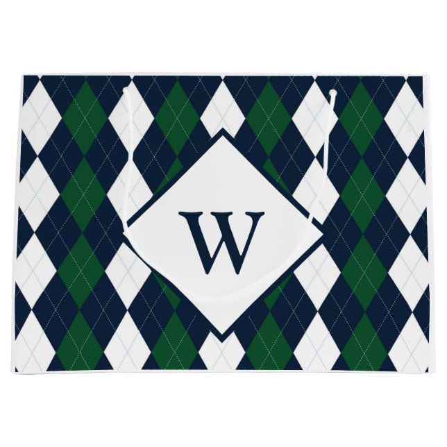 Grand Sac Cadeau Bleu et Vert Argyle Monogrammé (Devant)