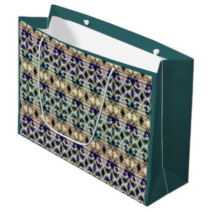 Grand Sac Cadeau Bleu ethnique, ikat beige