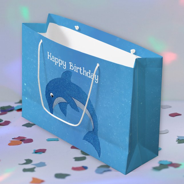 Grand Sac Cadeau Bleu étincelle Bleu Blanc Saupoudrage Dauphin Anni (Sparkle dark blue and white jumping cute dolphin on blue Happy Birthday gift bag.)