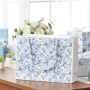 Grand Sac Cadeau Bleu Floral Toile Élégant Vintage