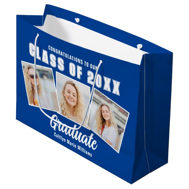 Grand Sac Cadeau Bleu Graduation Photo Collage 2025 Graduate (Devant Angle)