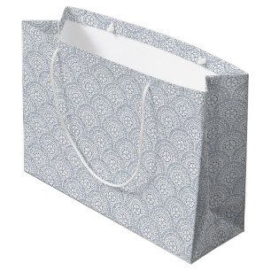 Grand Sac Cadeau Bleu mandala vagues motif sur fond blanc