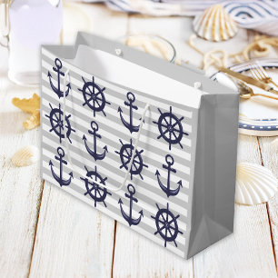 Grand Sac Cadeau Bleu marine Ancre bateau à roue Gris Gris