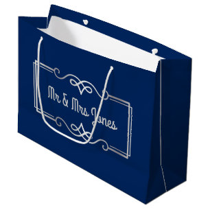 Grand Sac Cadeau Bleu marine d'argent de monogramme d'anniversaire