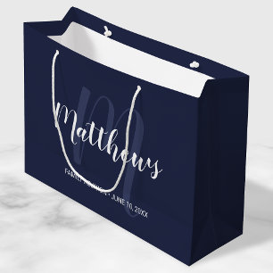 Grand Sac Cadeau Bleu marine personnalisé de monogramme et de nom