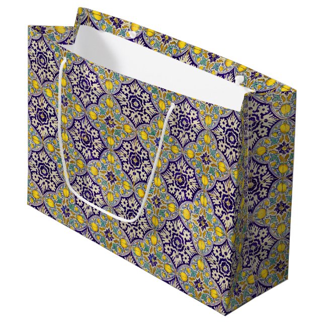 Grand Sac Cadeau Bleu Méditerranée Motif Fleurs Jaunes (Devant Angle)
