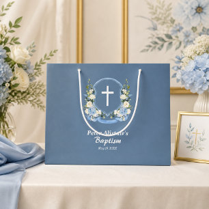 Grand Sac Cadeau Bleu Poussiéreux Croix Blanche Florale Baptême 