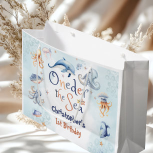 Grand Sac Cadeau Bleu Premier anniversaire sous la mer pour garçons