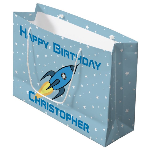 Grand Sac Cadeau Bleu Retro Rocket Ship Personnalisé Birthday Boy (Devant Angle)