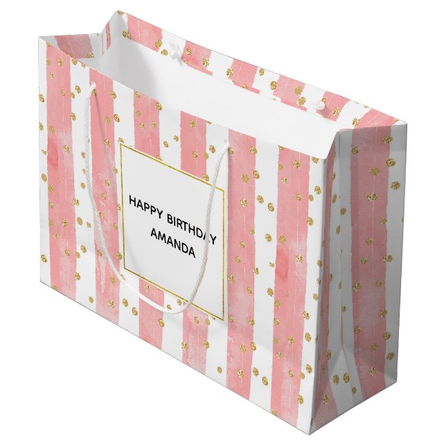 Grand Sac Cadeau Bleu rose | Faux Gold Confetti Anniversaire (Devant Angle)