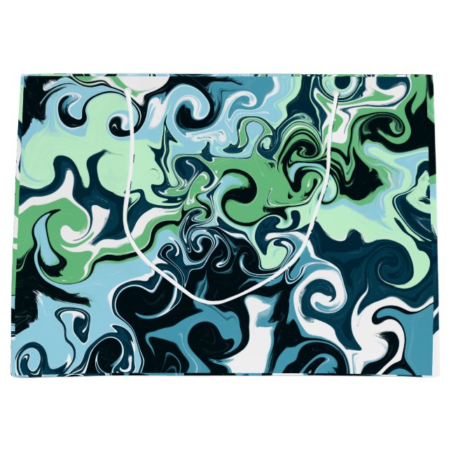 Grand Sac Cadeau Bleu, Vert et Blanc tourbillons Abstrait Fluid Art (Devant)