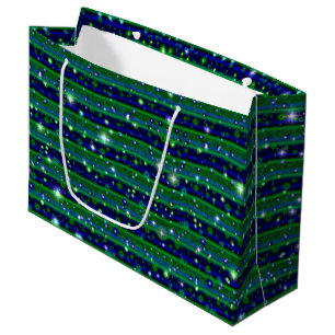 Grand Sac Cadeau Bleu vert rayures avec étoiles et Raindrops