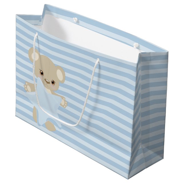 GRAND SAC CADEAU BLEUE STRIPES TAN TEDDDY BEAR & STAR (Devant Angle)