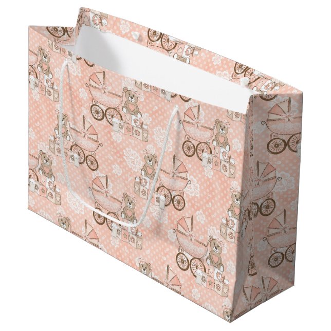 GRAND SAC CADEAU BLOCS D'OURS DE PRAM PINK & TAN BABY GIRL (Devant Angle)