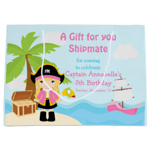 Grand Sac Cadeau Blonde mignonne fille pirate en rose Merci d'anniv
