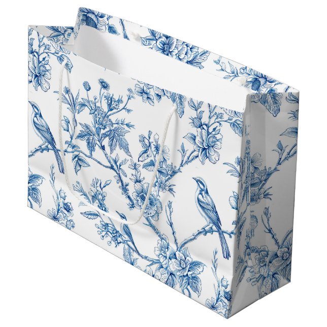 Grand Sac Cadeau Blue and White Chinoiserie Floral Birds (Devant Angle)