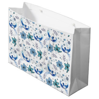 Grand Sac Cadeau Blue Birds and Floral Harmony Seamless Pattern