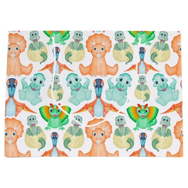 Grand Sac Cadeau Blue Boys Jurassic Dino Anniversaire Dinosaur (Devant)