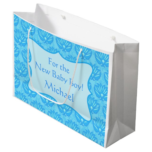 Grand Sac Cadeau Blue Damask Baby Boy Nom Personnalisé (Devant Angle)