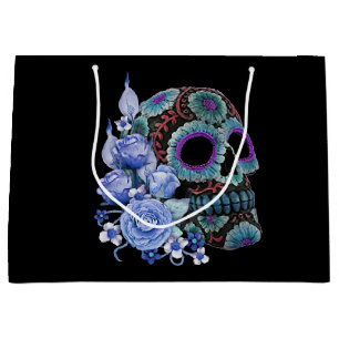 Grand Sac Cadeau Blue Floral Black Sugar Skull Jour des morts