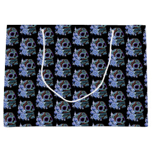 Grand Sac Cadeau Blue Floral Black Sugar Skull Jour des morts