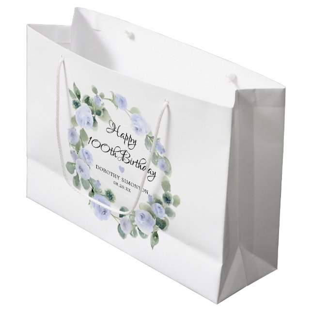 Grand Sac Cadeau Blue Floral Eucalyptus Wreath 100e anniversaire (Devant Angle)