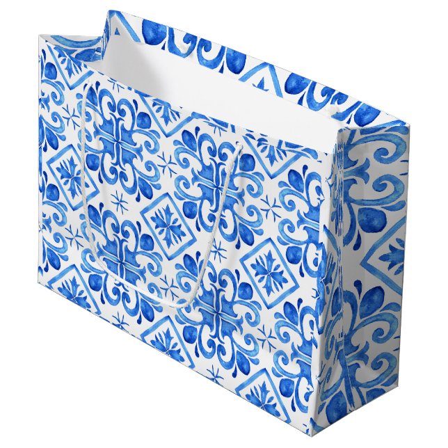 Grand Sac Cadeau Blue French Toile Pattern (Devant Angle)
