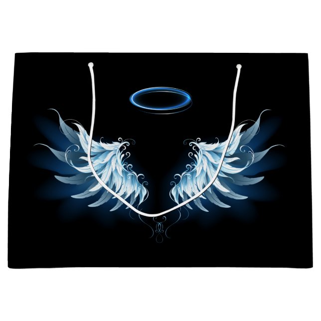 Grand Sac Cadeau Blue Glowing Angel Wings on black background (Devant)