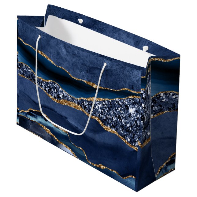 Grand Sac Cadeau Blue Gold Parties scintillant Agate Marble tendanc (Devant Angle)