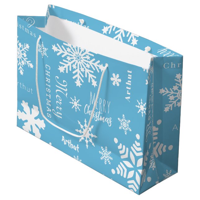 Grand Sac Cadeau Blue Modern Custom Nom Noël Fête neige (Devant Angle)