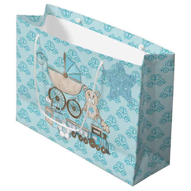 GRAND SAC CADEAU BLUE & TAN PARTIES SCINTILLANT REGARDER BÉBÉ GARÇO (Devant Angle)