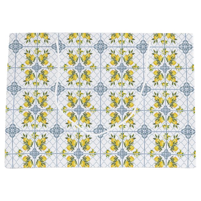 Grand Sac Cadeau Blue Watercolor French Country Lemon (Devant)