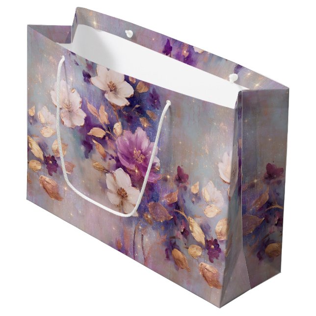 Grand Sac Cadeau Blue White Gold Purple Floral Birthday (Devant Angle)