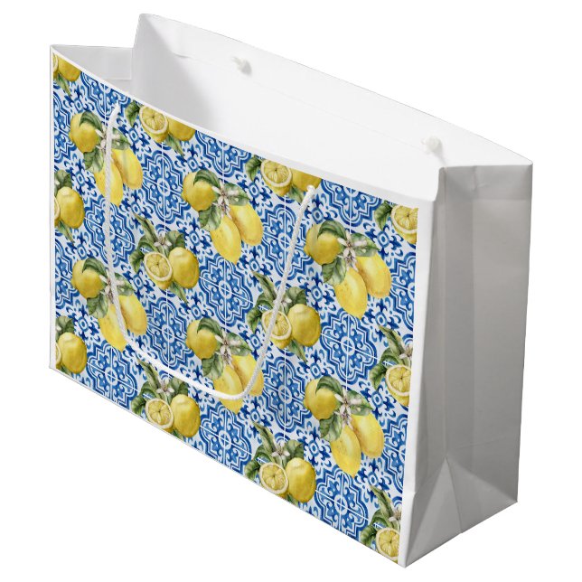 Grand Sac Cadeau Blue White Lemon Tile Mediterranean Pattern (Devant Angle)