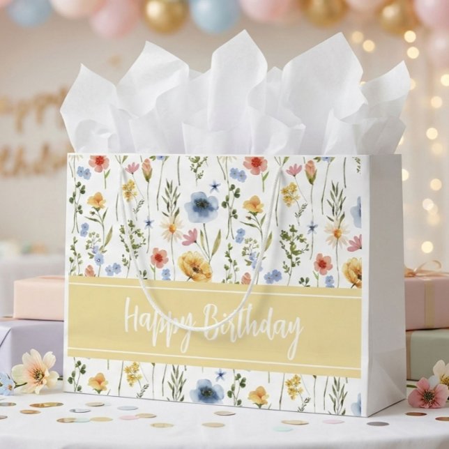 Grand Sac Cadeau Blue Yellow Pink Watercolor Wildflower Name (Créateur téléchargé)