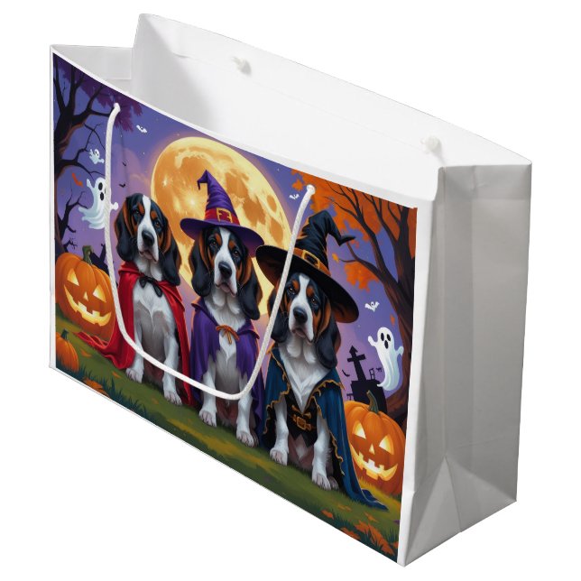 Grand Sac Cadeau Bluetick Coonhound Chiens Citrouille Halloween Fun (Devant Angle)